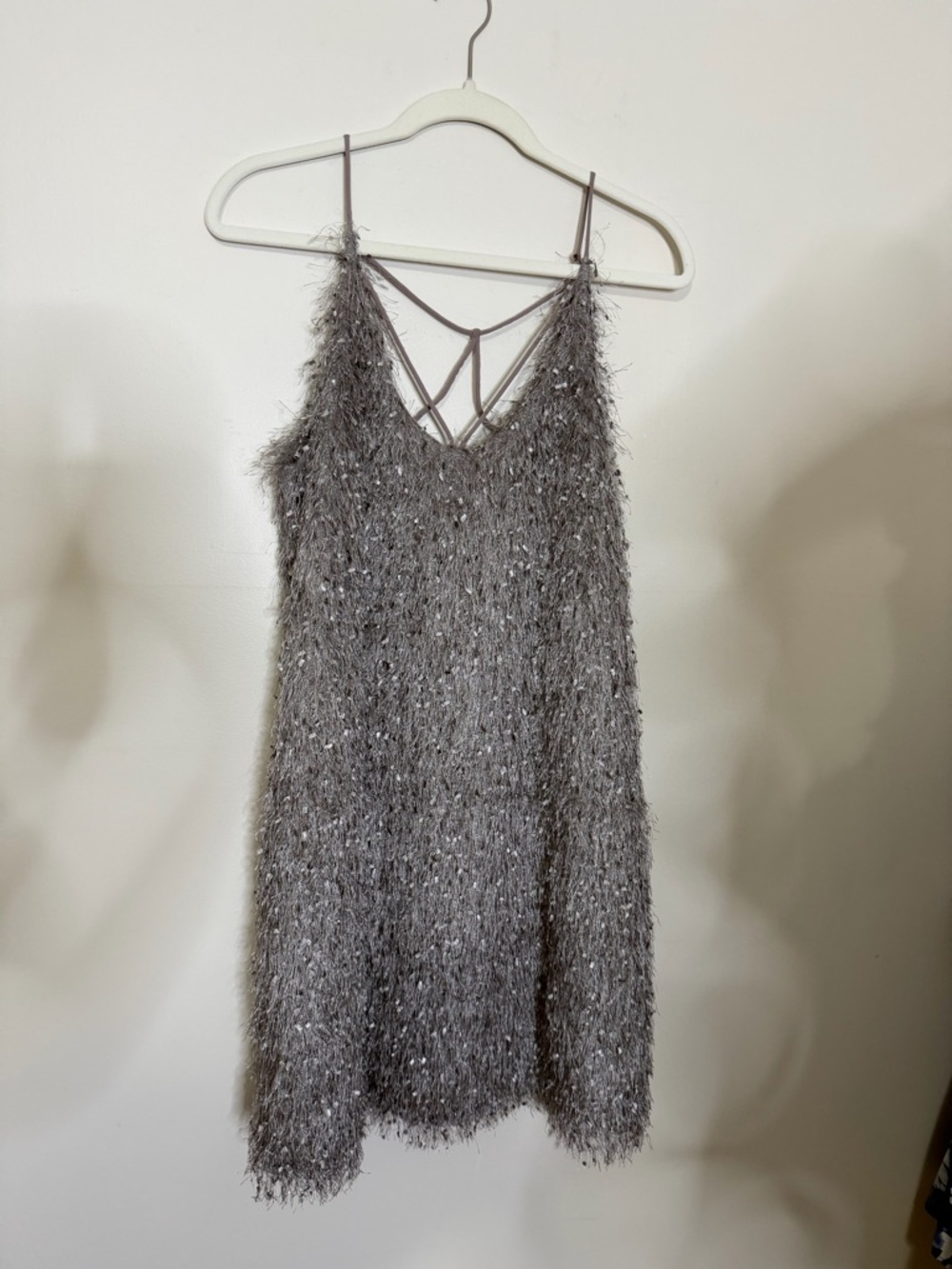 She + Sky Silver-Gray Fringe Mini Slip Dress